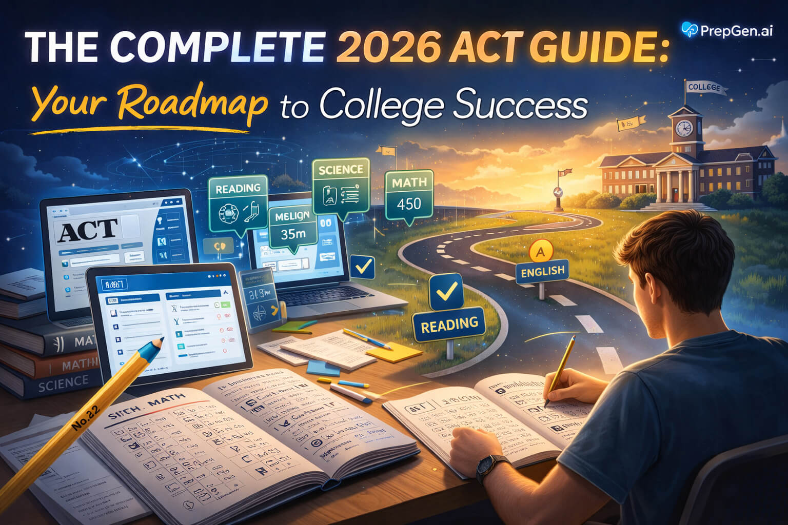 Student studying for the ACT with notes and laptop