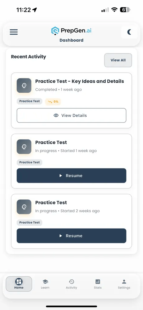Mobile Activity feed showing recent practice exams