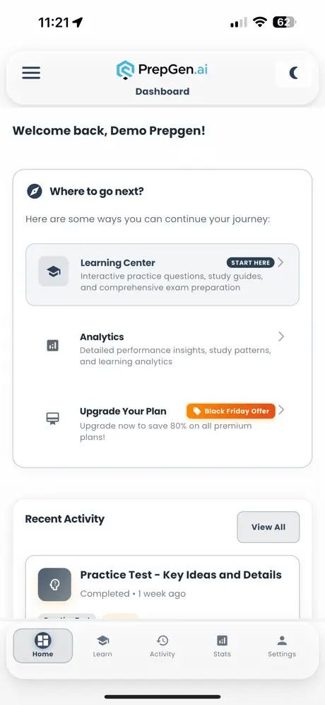 Mobile Dashboard showing recommended study paths