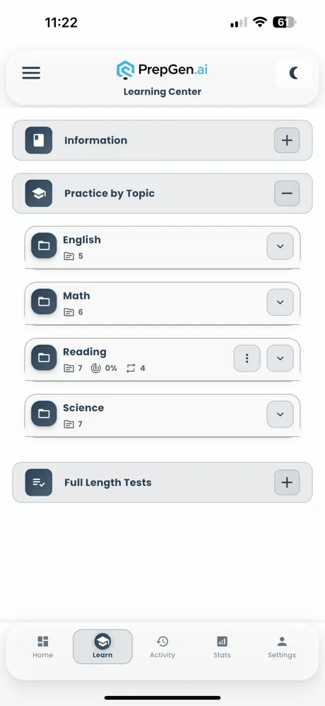 Mobile Learning Center with topic-based practice